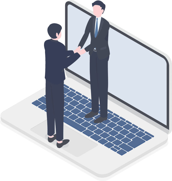 パソコンの上で握手するビジネスマンのイラスト